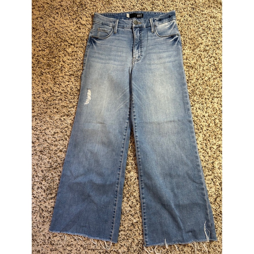 Kut from the Kloth Meg Fab Ab Wide Leg Jeans High Rise Blue Distressed Size 0